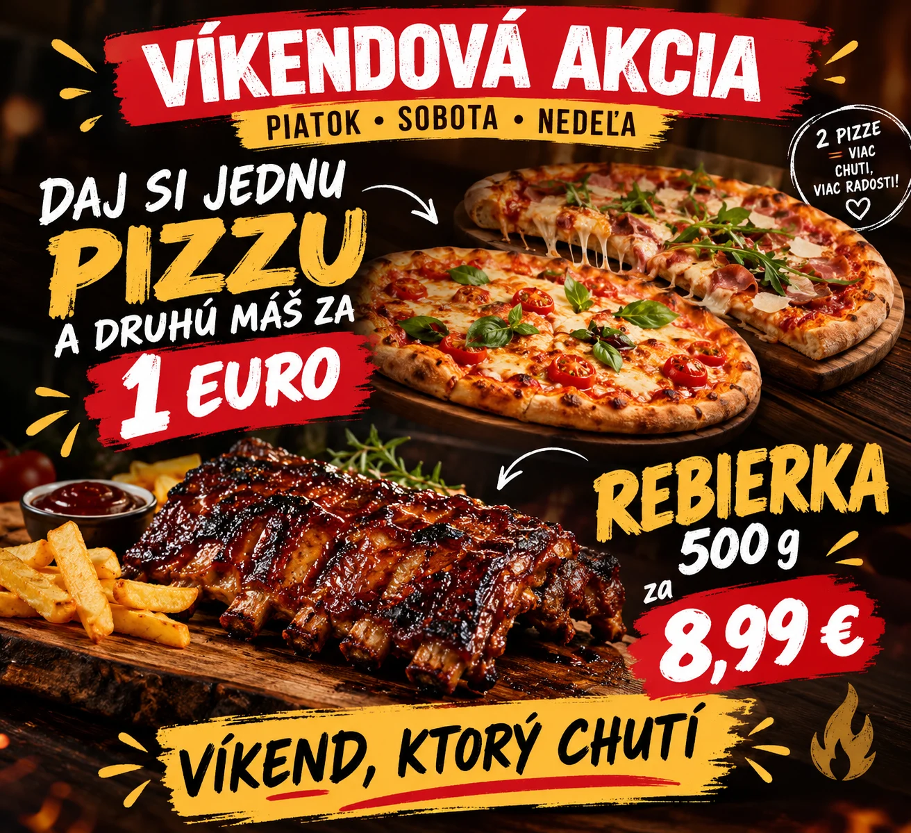 Víkend, ktorý chutí! 23. – 25. októbra 2026: druhá pizza za 1 €, rebierka 500 g za 8,99 €. Petržalská piváreň, Ševčenkova 23, Bratislava – Petržalka.